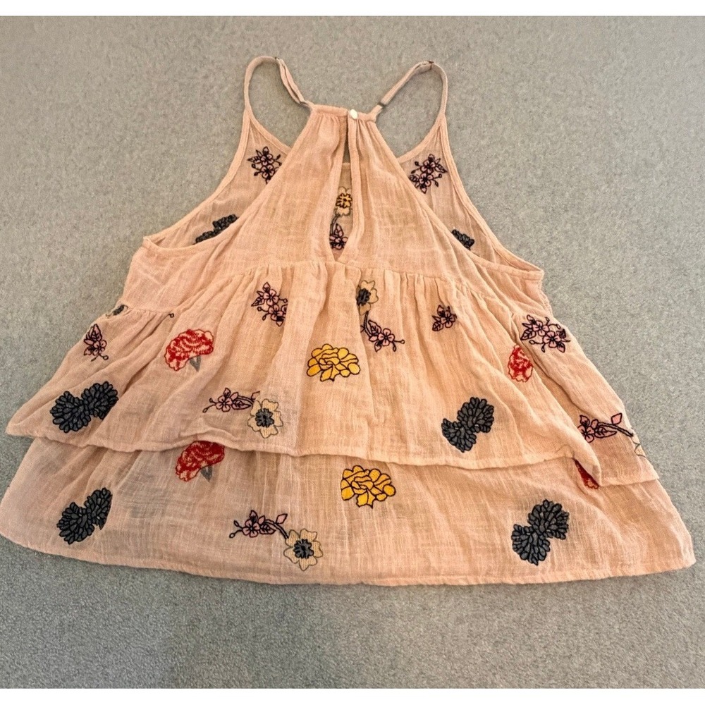 Natural Life Tank Top M Pink Floral Embroidered Tiered Peplum M